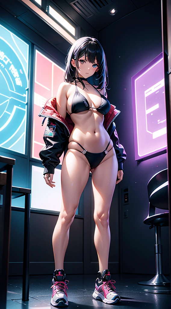 (Full body shot), extremely detailed cyberpunk futurism illustration of a very beautiful Caucasian woman, straight dark rainbow colored hair, wearing a futuristic bikini👙swimsuit and sneakers, stylish, fashion pose, very illuminated, visually rich, whimsical, emotionally confident, detailed environment, fantastical, imaginative, visually rich, atmospheric, vibrant lighting, uhd, high resolution, 8k, photorealistic, intricate masterpiece, best quality, best detail, Fujifilm XT4