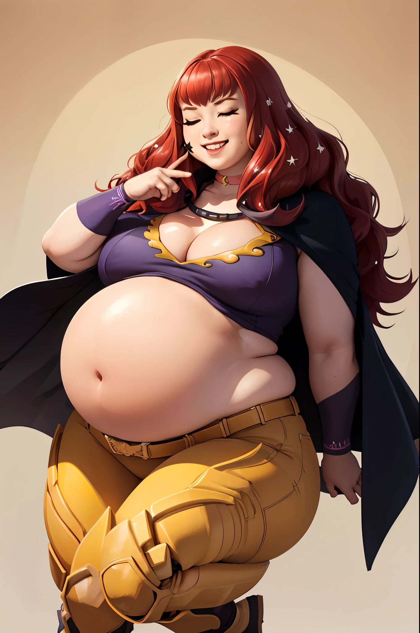 (masterpiece, best quality:1.2), cowboy shot, solo, 1girl, yunaka, grin, looking at viewer, hand on hip, star hair ornament, one eye closed, bodysuit, cape, belt, choker, cleavage,extremely obese, (obese belly):1.7, (obese legs):1.5, fat rolls, SSBBW Adeline body,(thicc:0.5), (WeightImmobile:1.3), (obese:1.2) (round face:1.3), huge belly, wide hips, from below, discoelysium, legs spread, muffin top, pudgy, Big Baby Bump pregnant, Big boobs, Big pregnant Belly, Big Pregnant girl, Largest Belly of Pregnant, Huge Pregnancy, Huge 9 months Pregnancy Belly, huge belly expansion, huge belly girl, morbid obesity,800lbs,enormous fat belly, rolls of fat, fat thighs, Massively Bloated Abdomen, ridiculously large spherical Belly, oversized spherical stomach, ridiculously oversized pregnant belly, huge stomach