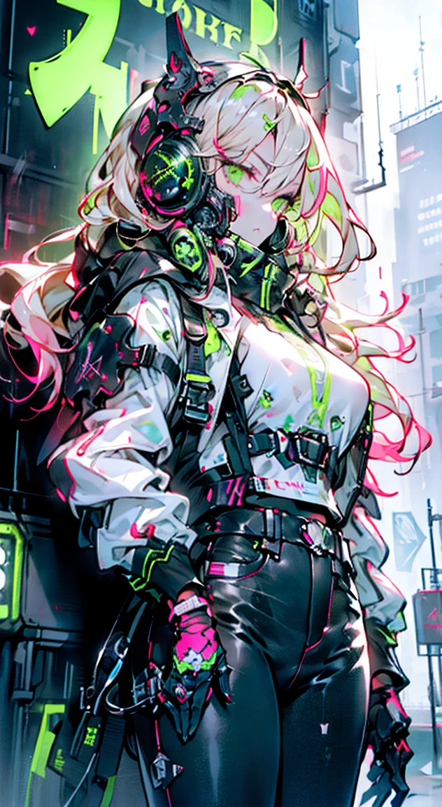 8K,Ultra Detail,ultra-quality,ultra precision,ultimate masterpiece,GAL,big boobs,big Thigh,white leather jacket,jeans,twin tail(blond&pink mix),cool Graffiti on the wall,Cyber punk street,