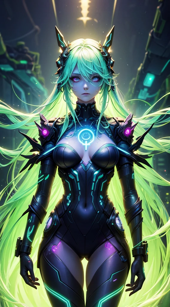 A cyberpunk-inspired goddess merging technology and nature, her body adorned with bioluminescent tattoos, circuits intertwining with vines, and a neural interface glowing beneath her skin, overlooking a cityscape blending neon lights with organic elements.