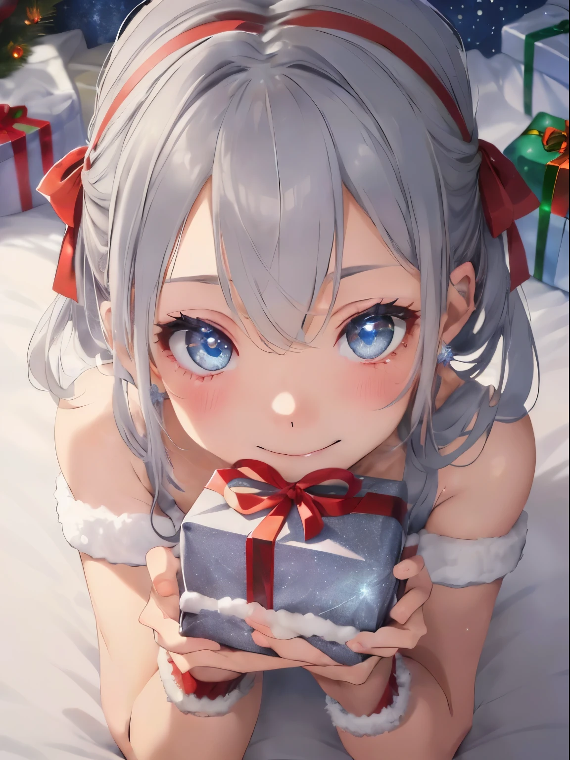 (shiny gray hair),(Straight shorthair:1.2),(Light blue eyes),(With bangs),Slight red tide,(christmas color ribbon:1.4),(wrapping your body:1.45),(my body is a gift:1.3),(place々lace is used in:1.3),(on the beds:1.65),(Holy Night),(Inside your eyes are sparkling like stars:1.5),(Colorful and beautiful Christmas illuminations),(Gorgeous Christmas Tree),(🎄),(Fluffy and fluffy accessories),(lots of christmas presents:1.3),(close up of face:1.35),(Eye size:1.7),(nsfw:1.3),(Exposure:1.45),(discret smile),