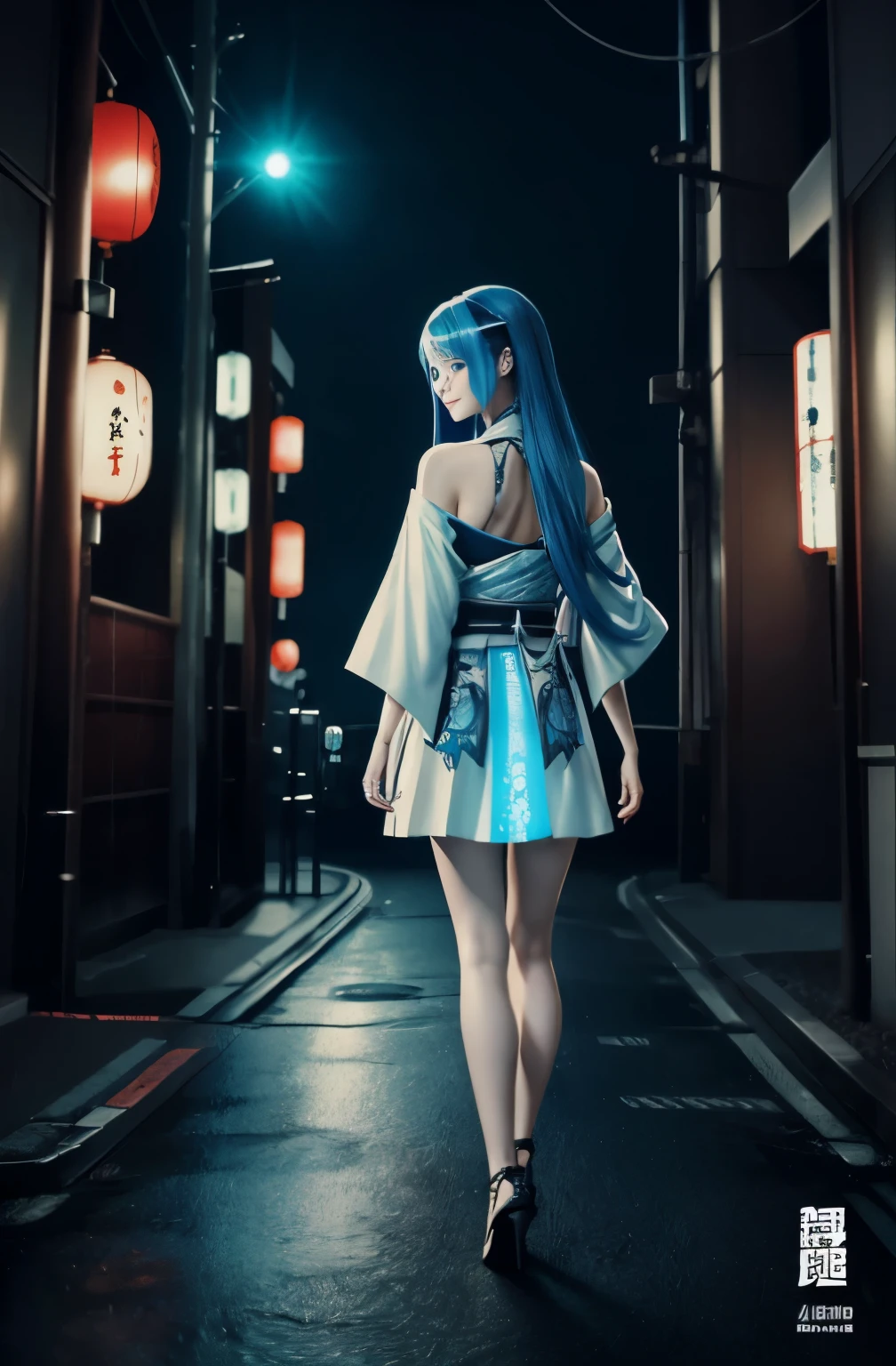(((Japanese look,blue eyes))), (((smiling, Artist, bad girl))). Generate a rebellious, hyperrealistic 4K full-body painting of a young anime girl with Japanese features, striking blue eyes, long white hair, and an smiling expression. This intricately detailed illustration, inspired by Carne Griffiths and Wadim Kashin, depicts the looking back over shoulder in big clock, wearing a long gothic white dress, white high heels. She in front clock wheel, point of view taken from the behind, focus on character. She looking back over shoulder on a front clock wheel beneath a evening. Infuse elements of glamour, realism, and gritty aesthetics, utilizing cinematic effects, spotlights lighting, luminism, and bioluminescence. Capture the girl in a beautiful. The composition, rendered in 3D using Octane render, showcases isometric details and fractals. Aim for a cinematic, trending ArtStation style with a centered, hyperealistic cover photo feel, resembling a bold hand-drawn piece on .