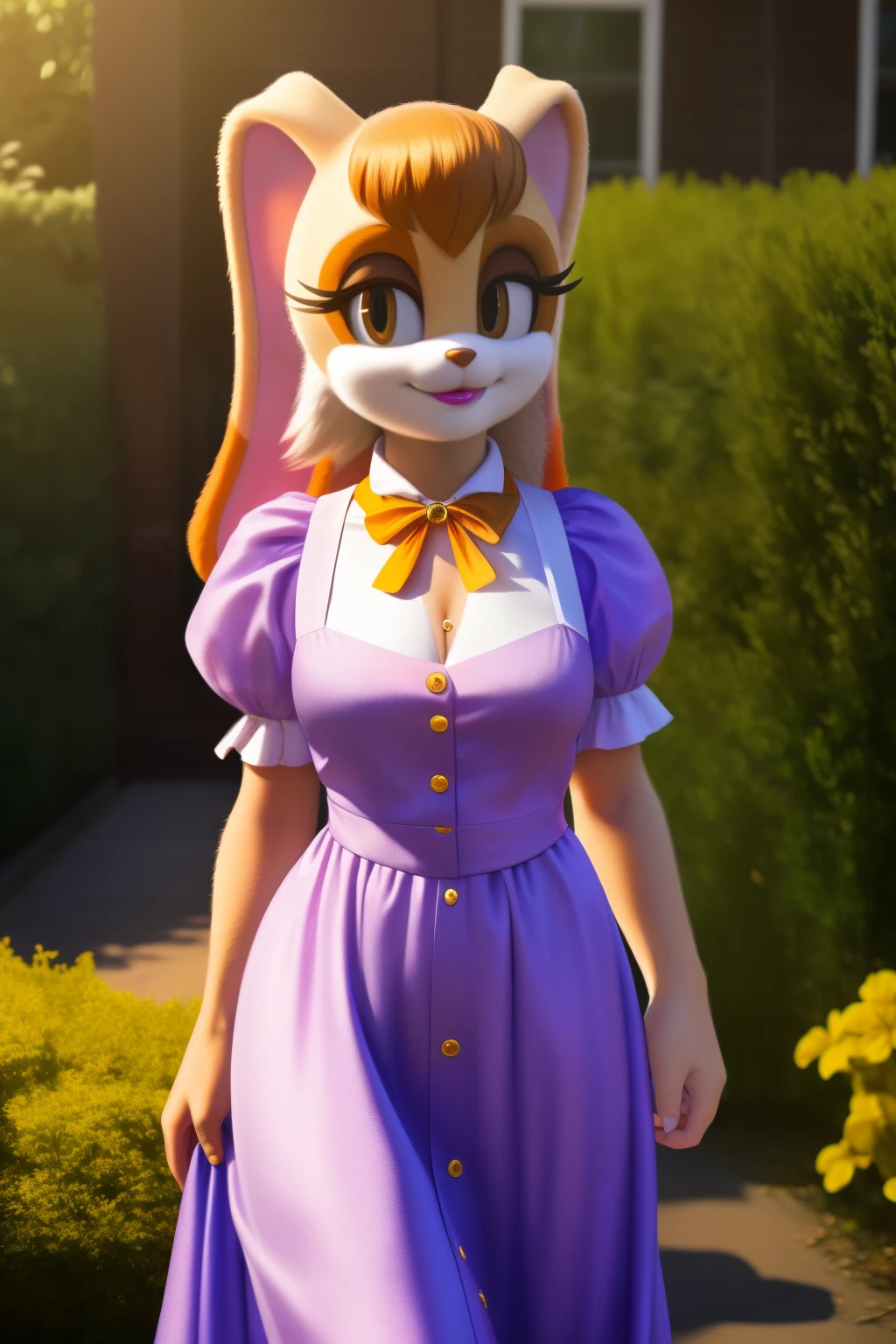 1girls,Vanilla the rabbit,wears a long lavender dress with a white trim at the bottom of the puffy sleeves and the skirt, a burgundy-fitted vest with golden buttons, a blue or orange ascot, white gloves with gold cufflinks, brown_hair,dipstick_ear, female,cleavage, female_solo, outdoors, garden,smile,realistic,hyper realistic,day, lipstick, looking at viewer,