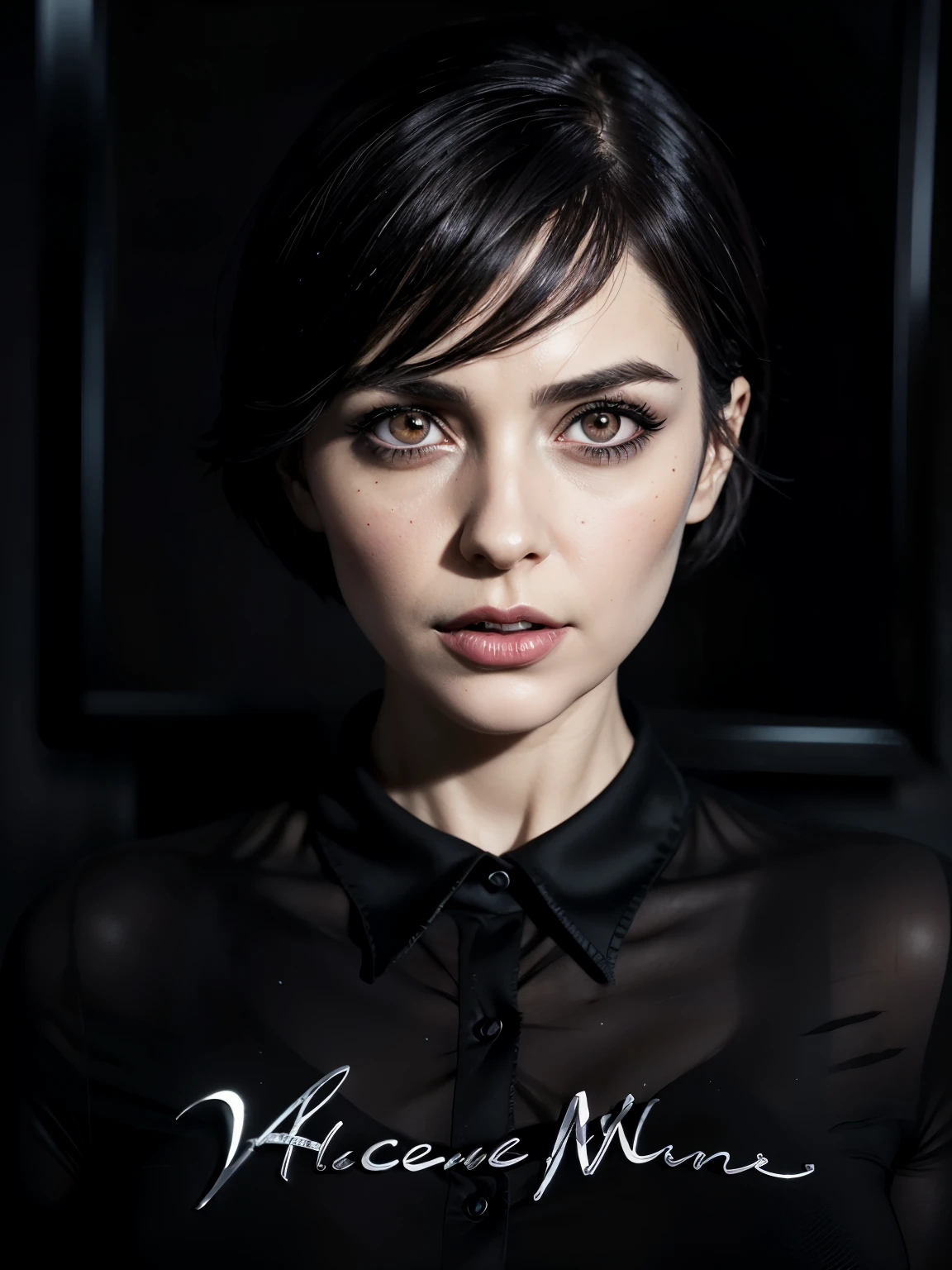 there is a woman with a black shirt that has a picture of her, alice cullen, short brown hair and large eyes, black hair and large eyes, realistic portrait photo, halfbody headshot, desaturated!!, high quality portrait, promotional portrait, aleksandra waliszewska, character headshot portrait, inspired by Emma Ríos, headshot profile picture