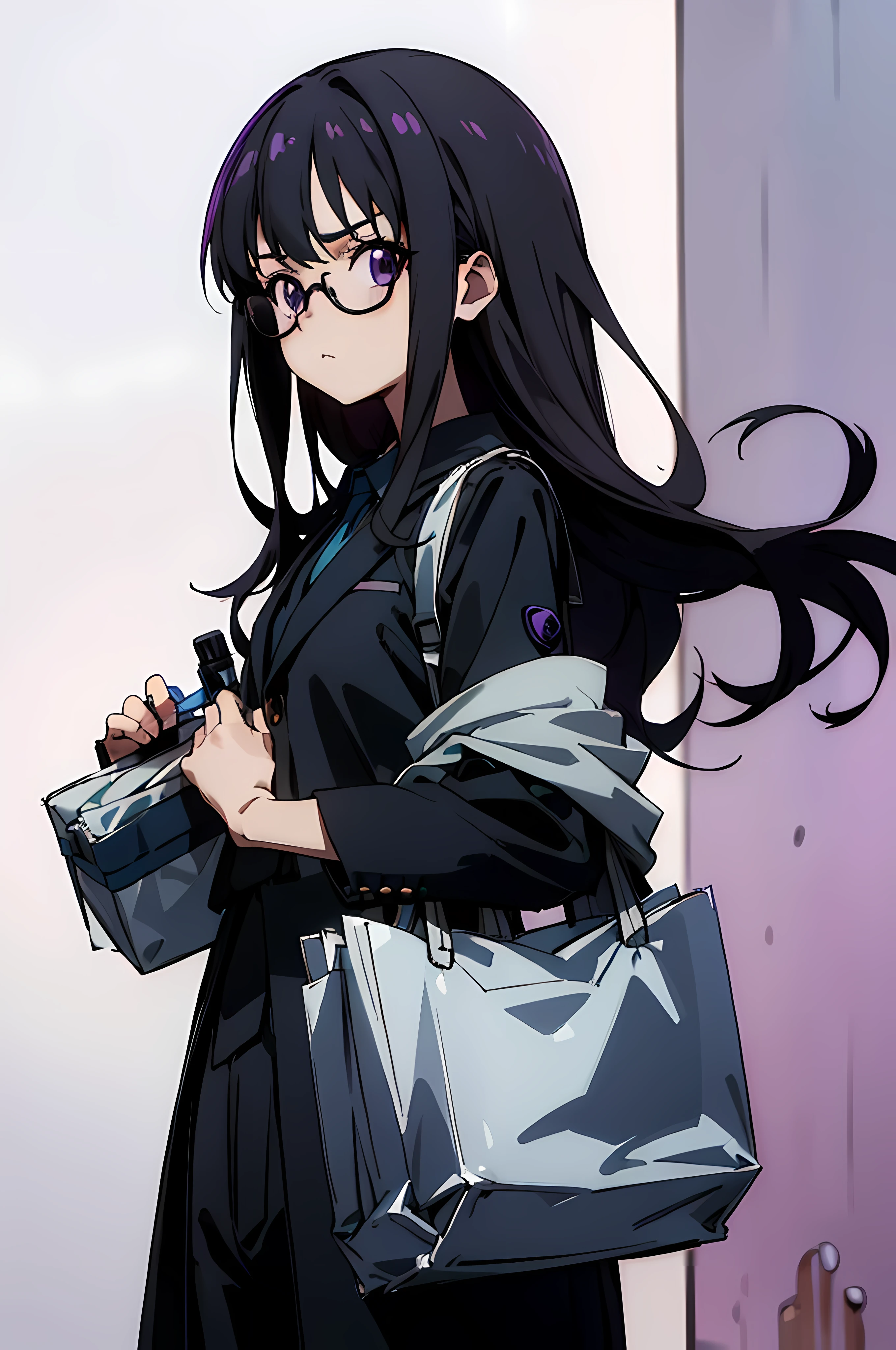 (8K Ultra High-Quality) (Masterpieces) (Image) (人物: Takina Inoue) 1 Girl, Purple eyes color's, wearing black suit, wearing glasses, carrying bag, holding Pistol left hand, serious face, viewer from downside.