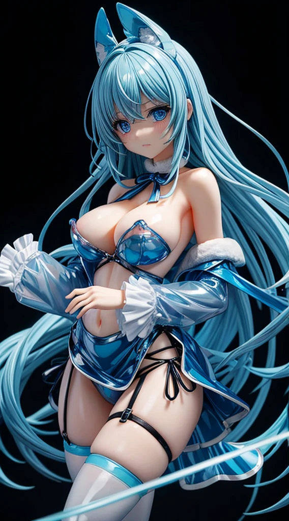 pvc revoltech,clear blue shining eyes,embarrassed from,Bright face,Crying face,Cute,A sexy,kawaii girl, Constriction,big breasts thin waist,Slim big,Nipple protrusion,toppless,golden shiny long hair,Transparent glossy vinyl ribbon,Sheer panties and off-the-shoulder shirt,Transparent glossy vinyl miniskirt,embarrassed fromポーズ,ring light,Light source from the front,Christmas,face lights,plastic model,