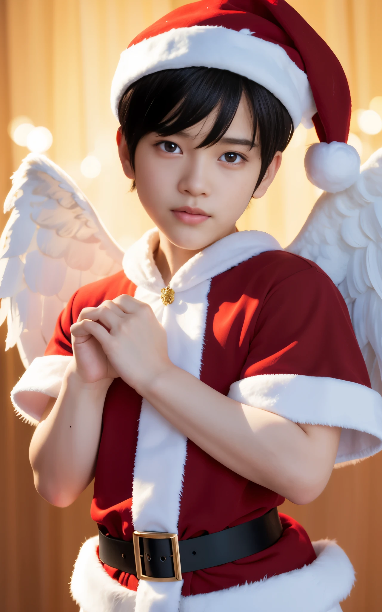 top-quality, 8K, ultra-detailliert, Pixar, (1 male:1.3), 22year old, Angelic appearance, (Short-haired black hair:1.5), Eyes are blue, Yancha Face, (With keen eyes:1.5), (Bad eyes:1.5), A smile, twinks, Bad character, (Little white angel wings:1.5), Wearing a cross necklace, (angelic red santa costume:1.5), (Red Santa Hats), 独奏, Bangs, male people, Joining hands, Face-centric