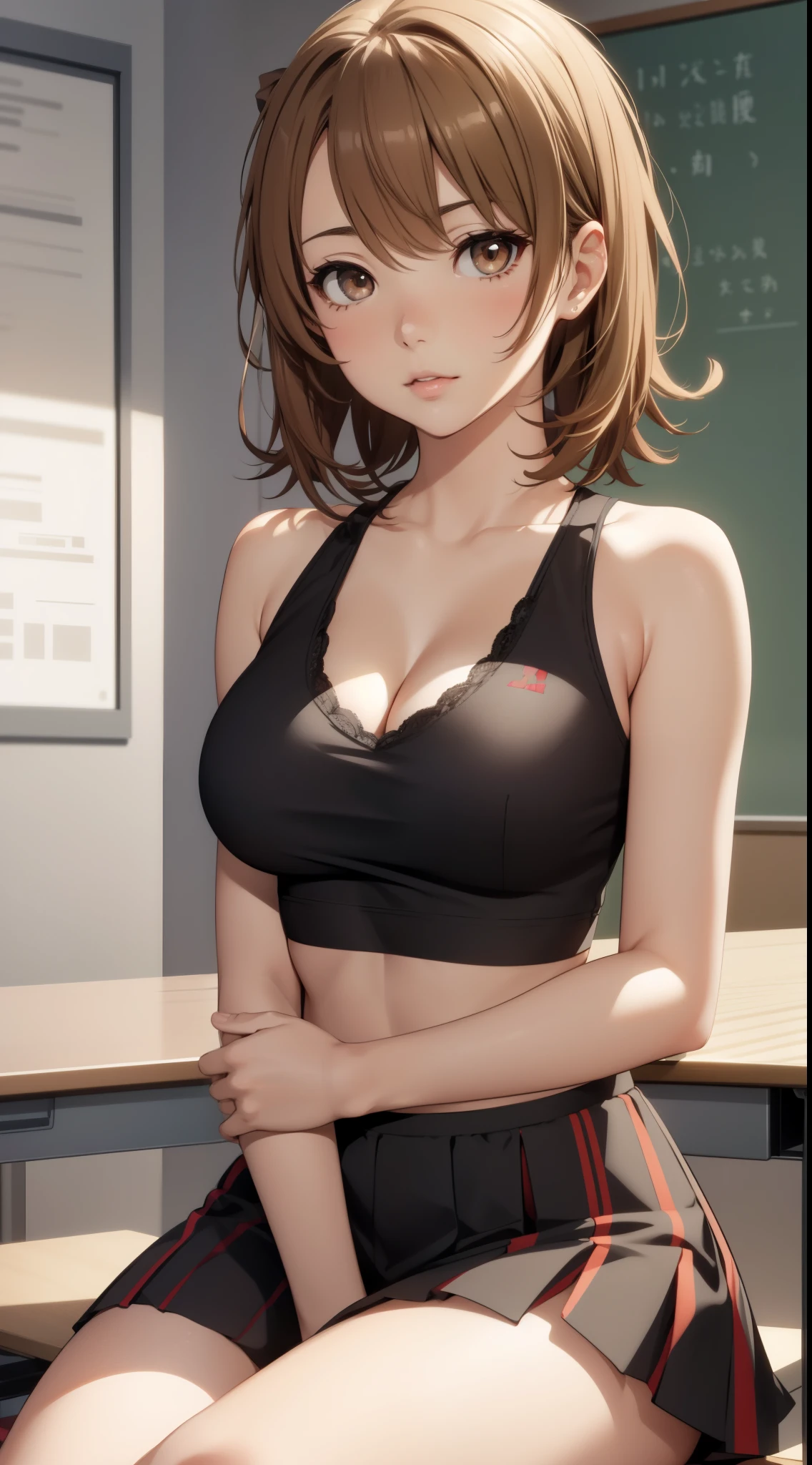 irohaisshikitest, iroha isshiki, short hair, brown hair, brown eyes, masterpiece, best quality, high resolution, unity 8k wallpaper, illustration, beautiful detailed eyes, perfect lighting, extremely detailed CG, glossy lips, lips parted, cheerleader, cleavage, midriff, classroom, sitting