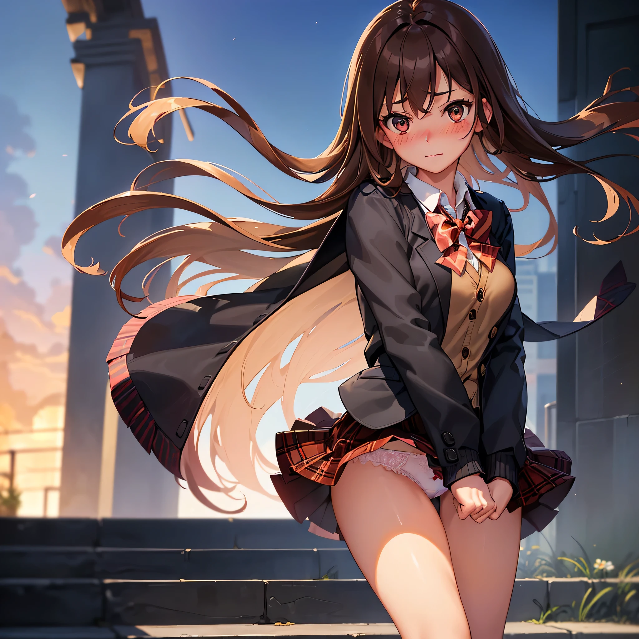 nffsw,((masutepiece, Best Quality, hight resolution, nffsw, Perfect Pixel, 4K, nffsw, nffsw))), 1girl in, Single, Solo, Beautie、full body seen、 ((Middle Wave Hair, Bangs, Brown hair)), ((Brown-eyed, Beautiful eyelashes, Realistic eyes)), ((Detailed face, Blushing:1.2)), ((Smooth texture:0.75, Realistic texture:0.65, Photorealistic:1.1, Anime CG style)), medium breasts, Dynamic Angle, Perfect body, ((red bowtie, School uniform, Black jacket, Open jacket, Brown cardigan, White shirt, Black skirt, plaid skirts)), City staircase、Looking up from the bottom of the stairs、Very embarrassing panic smile, turned around、bending forward、(The wind flipped my skirt and exposed my butt.....................、Touching the buttocks with both hands、White floral lace panties)、