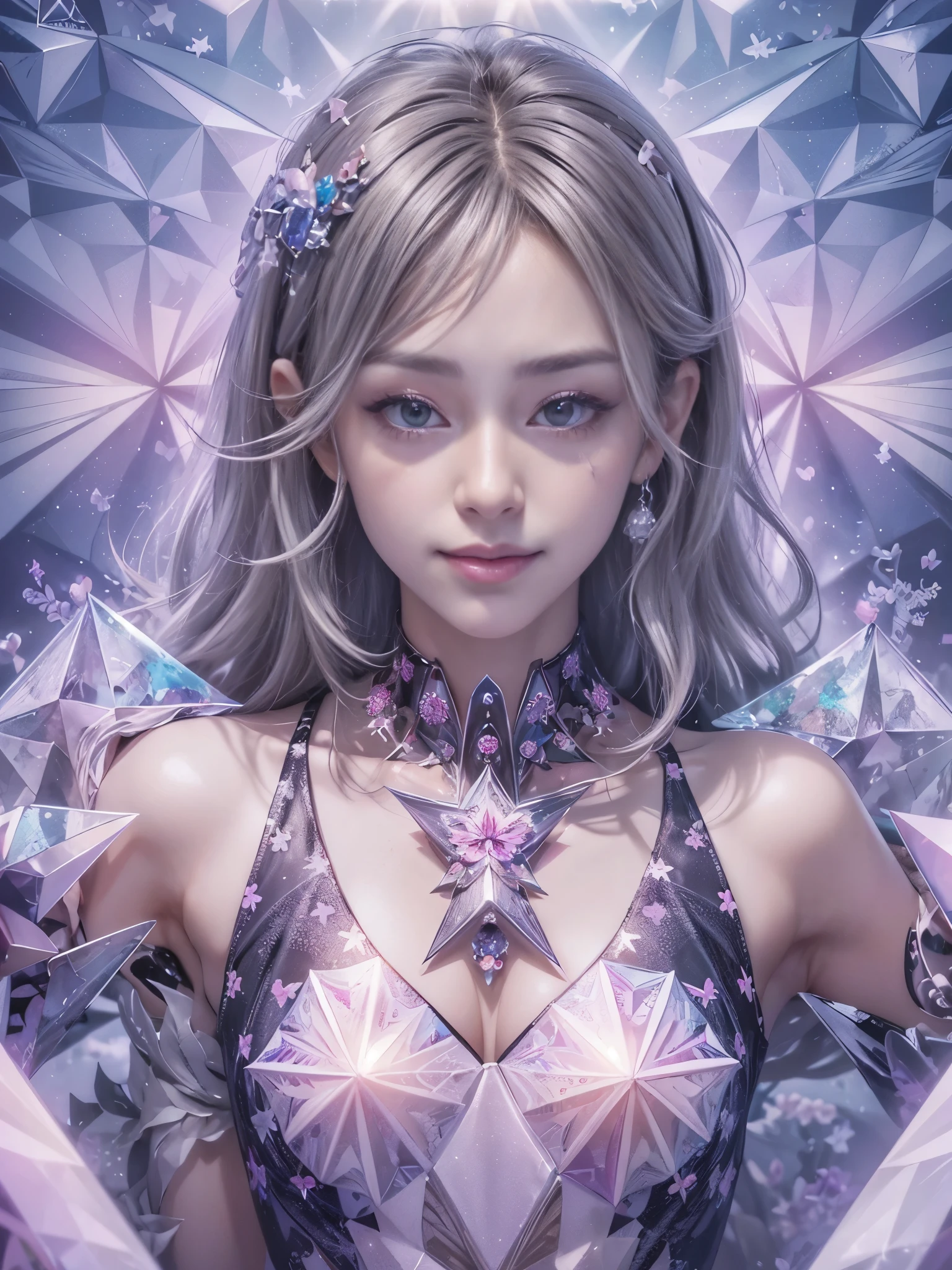 (Digital art, fractal art, official art, beautiful and aesthetic, ultra detailed, beautiful, masterpiece, best quality:1.8), (1girl:1.2), Detailed face, Detailed eyes, Detailed hair, Detailed fingers, five fingers,
_ BREAK (kaleidoscope:1.6),
(angular kaleidoscope all pattern dress:1.6),
(inside white kaleidoscope:1.55),(angular,Prism:1.4),
(strong prism light reflected on kaleidoscope:1.6),
BREAK cute ig model, Japanese cute model, 22 years old, medium large breasts, slender waist, toned arms, toned thighs, medium Buttocks, small head, small face, small mouth, diamond Face, small nose, Sharp Faceline, smile,Teeth, (dropy eyes, Double eyelid, Light color eyes, Moist eyes, Shiny eyes:1.2), Shiny hair, Shiny skin,
_
(smile, Teeth:1.3),(sitting:1.2), from front, locking away,
_