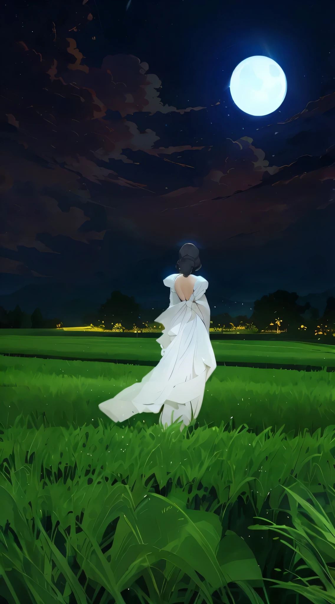 A woman in a white dress stands in the field, Xinhai sincerely art style, Xinhai sincerely cyril rolando, in style of Xinhai sincerely, Xinhai sincerely style, Xinhai sincerely. a digital rendering, Anime art wallpaper 8 K, style of Xinhai sincerely, Artie Guélin style