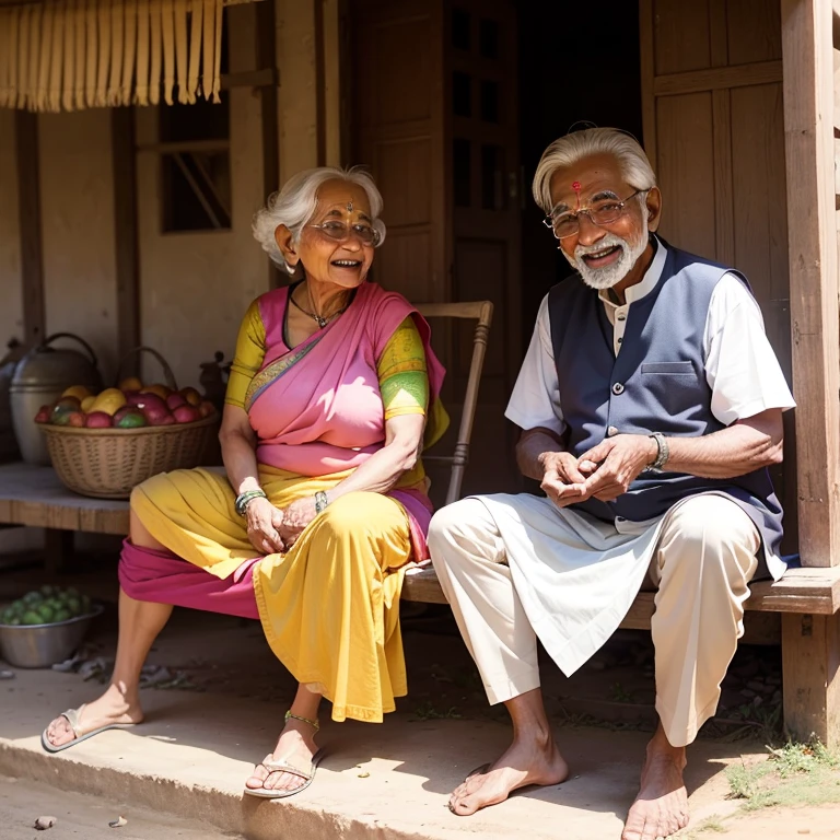 A happy indian old age couple enjoying their retirement, village house, farm land, farm house, celebrating festivals, playing with grand childrens