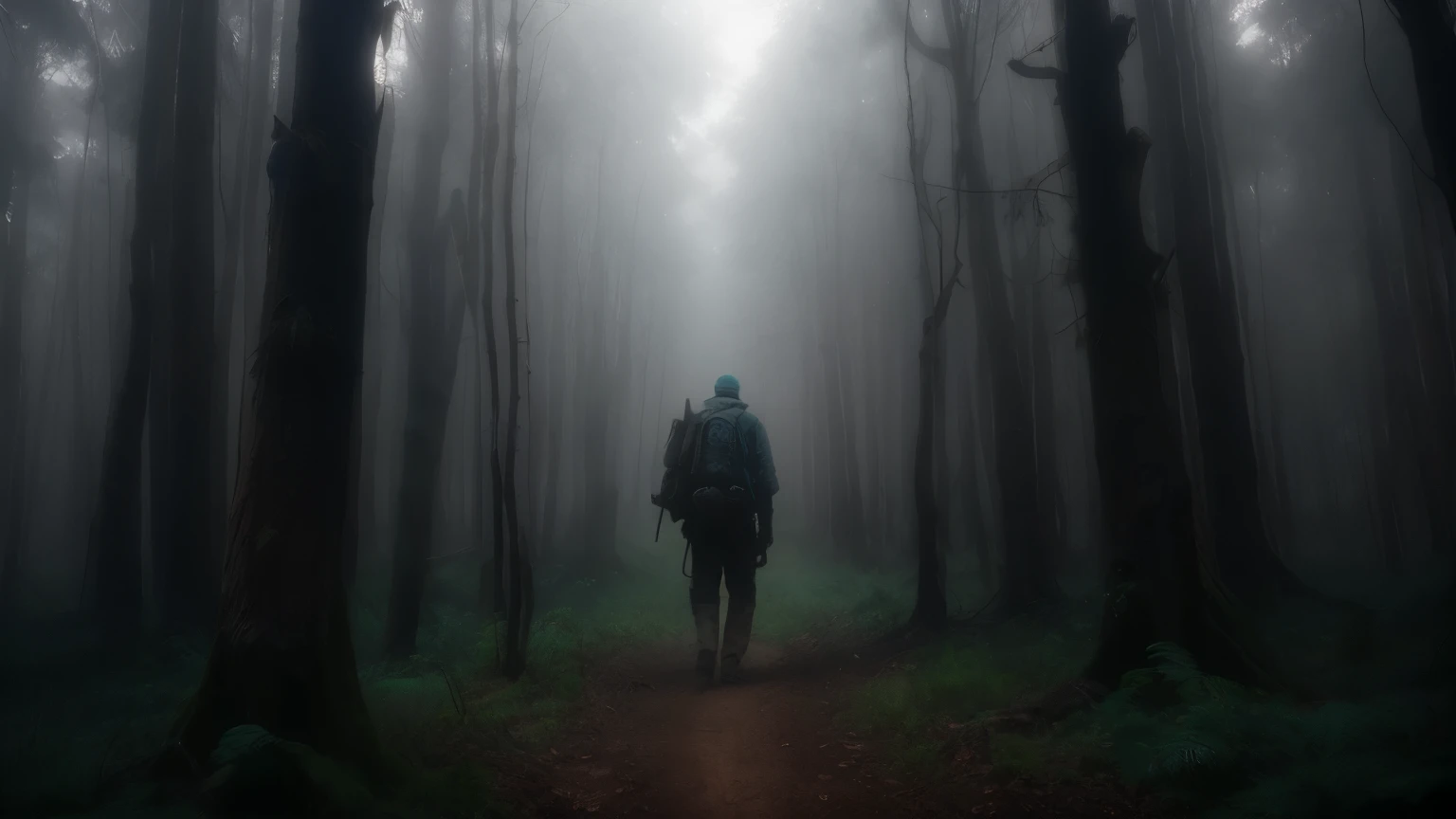 A lone Stalker cautiously navigates through a dense, post-apocalyptic forest, shrouded in a thick fog that obscures the path ahead, eerie and unnerving, with an ethereal blue color palette, captured by David LaChapelle's vibrant style and surreal lighting.