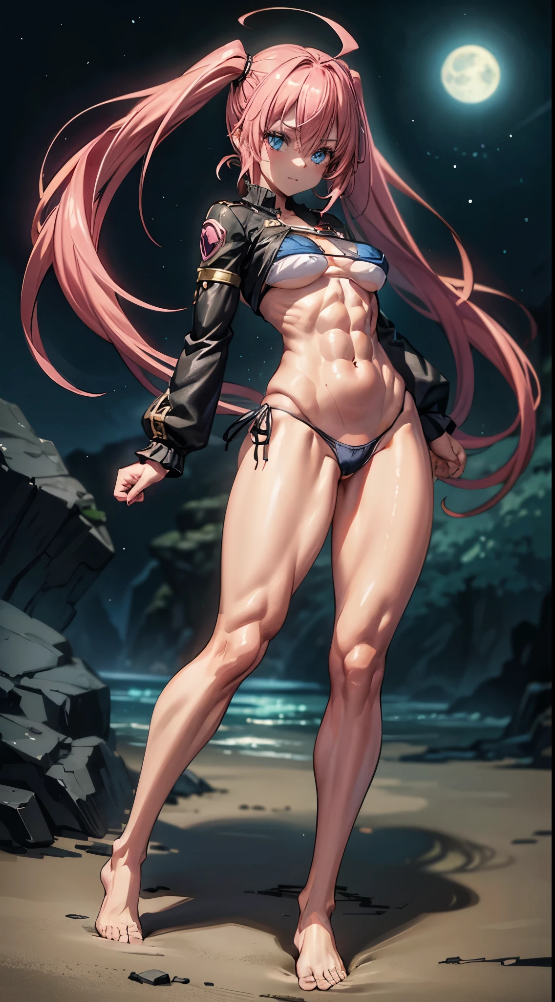 1 girl, (medium breasts))), (((wearing a short bikini))), (long pink hair), (((blue eyes))), thin arms, (on the beach at night with a starry sky and a moon full of blood full), (slim waist), (((muscular legs))), muscular belly, bare feet, (((showing her big ass to me))), (full body photo), (twintails), Long Eyes, eye flare, moodiness, anime, anime style, ray tracing, flare, drop shadow, panorama, Sony FE, 8k, UDisk, master piece, accurate, anatomically correct, Super Detail, best quality, ultra high resolution, Hard Udisk, 16k
