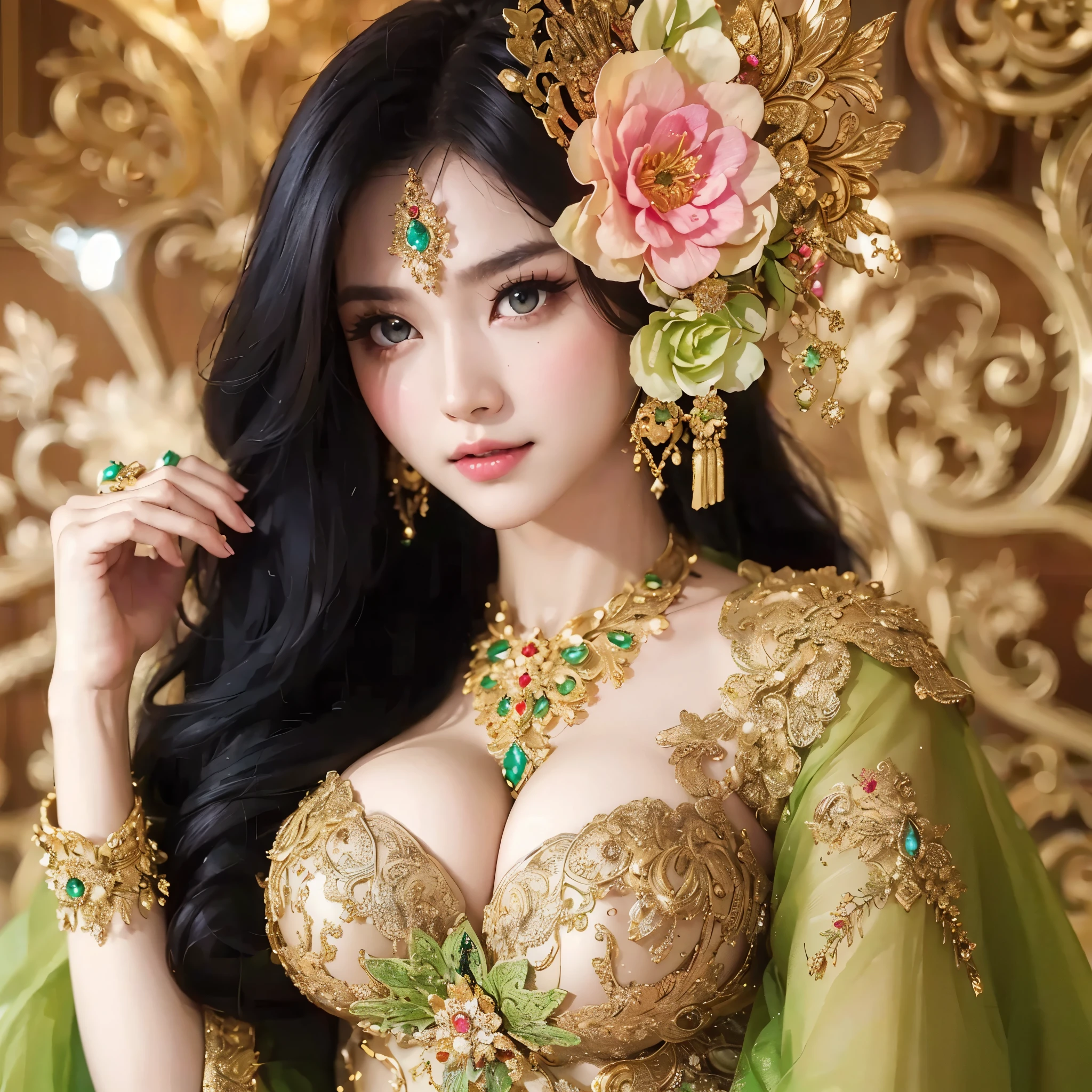 a close up of a woman with (((gigantic breast:1,9))) wearing a green dress and a flower in her hair, a beautiful fantasy empress, beautiful oriental woman, ((a beautiful fantasy empress)), traditional beauty, beautiful goddess, anime thai girl, gorgeous woman, beauty woman, very beautiful woman, lovely woman, very beautiful photo, beautiful woman, very beautiful girl, south east asian with long, masterpiece, best quality:1.2),,(8k,highres,RAW photo,realistic,photo-realistic:1.3),(detailed skin texture,detailed cloth texture,beautiful detailed face:1.25),professional lighting,photon mapping,beautiful soft light,radiosity,physically-based rendering,raytracing, model shoot style, model shoot style, (extremely detailed CG unity 8k wallpaper), full shot body photo of the most beautiful artwork in the world,