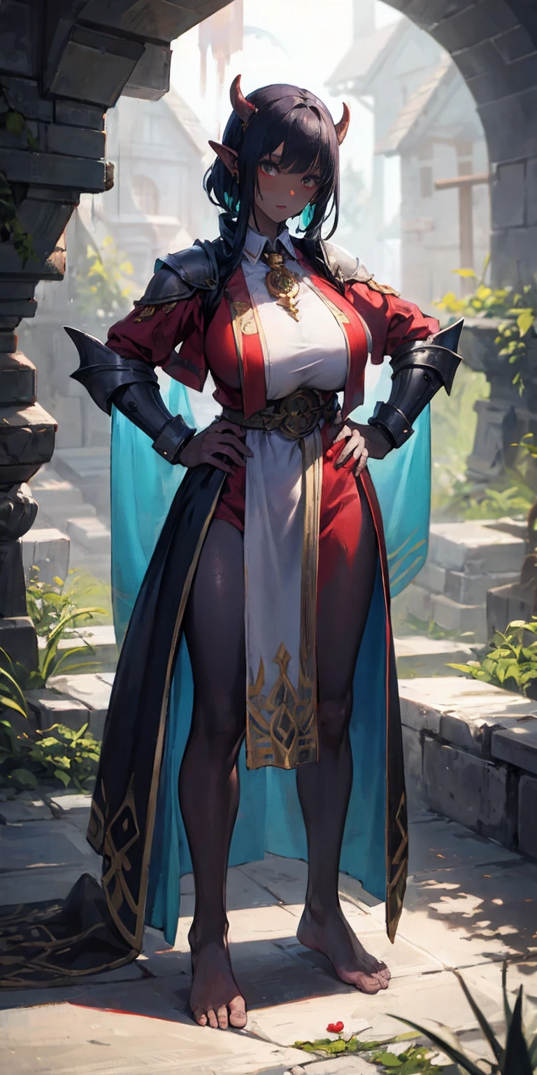 full body, barefoot, solo, female, big breast (orc, red skin), linen tunic, fantasy village, armor, Handcuffs on their hands, With a collar around the neck, hands on hips,