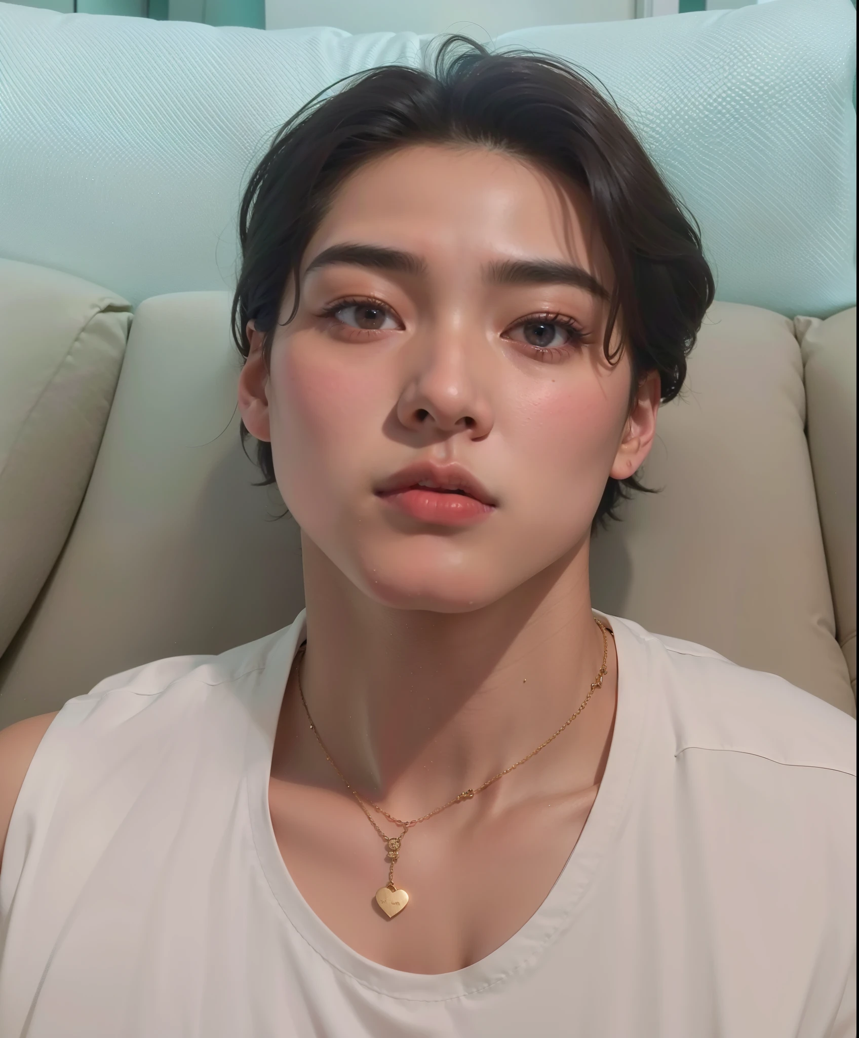 there is a woman sitting on a couch with a necklace on, Hyung Tae, TaeJune Kim, tommy 1 6 anos de idade, Kim Siwoo, Cai Xukun, Jung Jaehyun, Jinyoung Canela, imagem vazada, Steven Jung, Shin Jeongho, ele tem cerca de 2 0 anos de idade, ele tem cerca de 20 anos, Thawan Duchanee