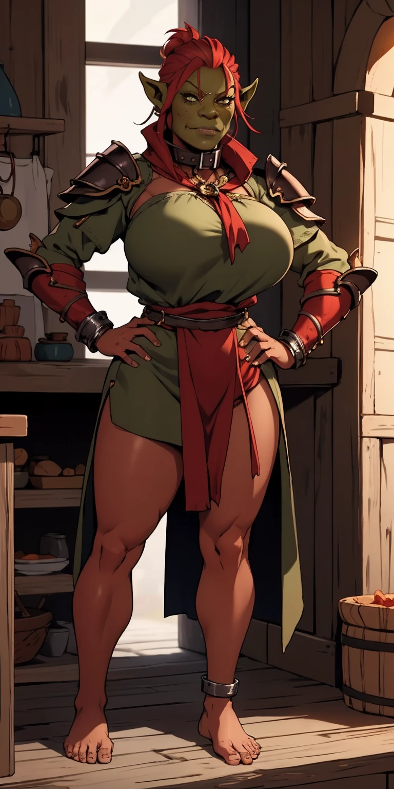 full body, barefoot, solo, female, big breast (orc, red skin), linen tunic, fantasy village, armor, Handcuffs on their hands, With a collar around the neck, hands on hips,