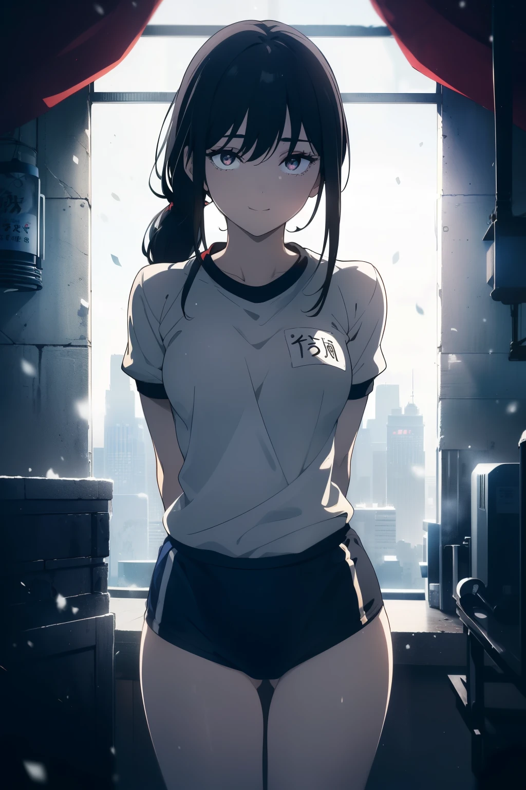 ((Obra maestra, La mejor calidad, ultrahigh resolution)), (((a girl in a gym uniform, blue Japanese ladies gym shortlack hair, dark black hair))), long hair cut, pale skin, ((brown eyes)), glowing_eyes, neon eyes, (ultra detailed eyes:0.7, beautiful and detailed face, detailed eyes:0.9), ((centered)), ((cute smile, pretty)), facing viewer, eye level, ((vibrant background, snowy landscape, cityscape, snowing)), flat chested, looking at viewer, ((half closed eyes)), ((perfect hands)), (((head:1, arms, hips, elbows, in view))), ((hands behind back)), empty eyes, beautiful lighting, outside, outdoors, background, defined subject, 18 years old, (head tilt)