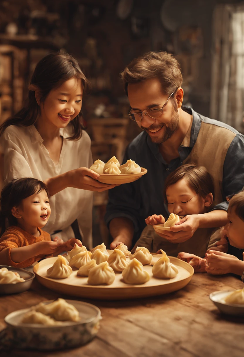 A family  dumplings together.([family:1.1], [ dumplings], [together],[joyful atmosphere])，(best quality,4k,8k,highres,masterpiece:1.2),ultra-detailed,(realistic,photorealistic,photo-realistic:1.37), [warm color tones],[soft lighting]