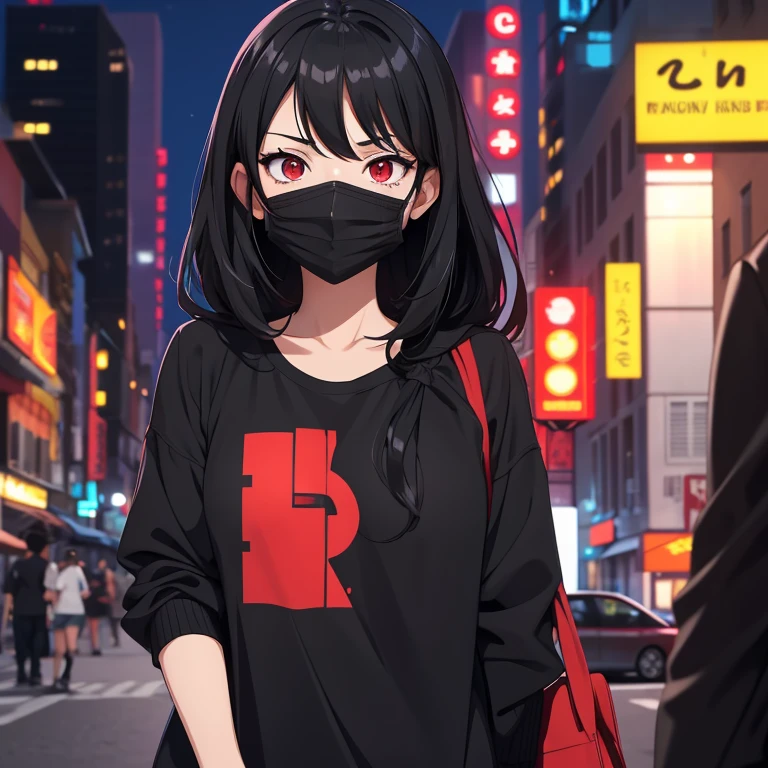 Anime style image of a girl with black hair, red eyes and casual clothes, she is in a city, her mouth is covered by a mask.