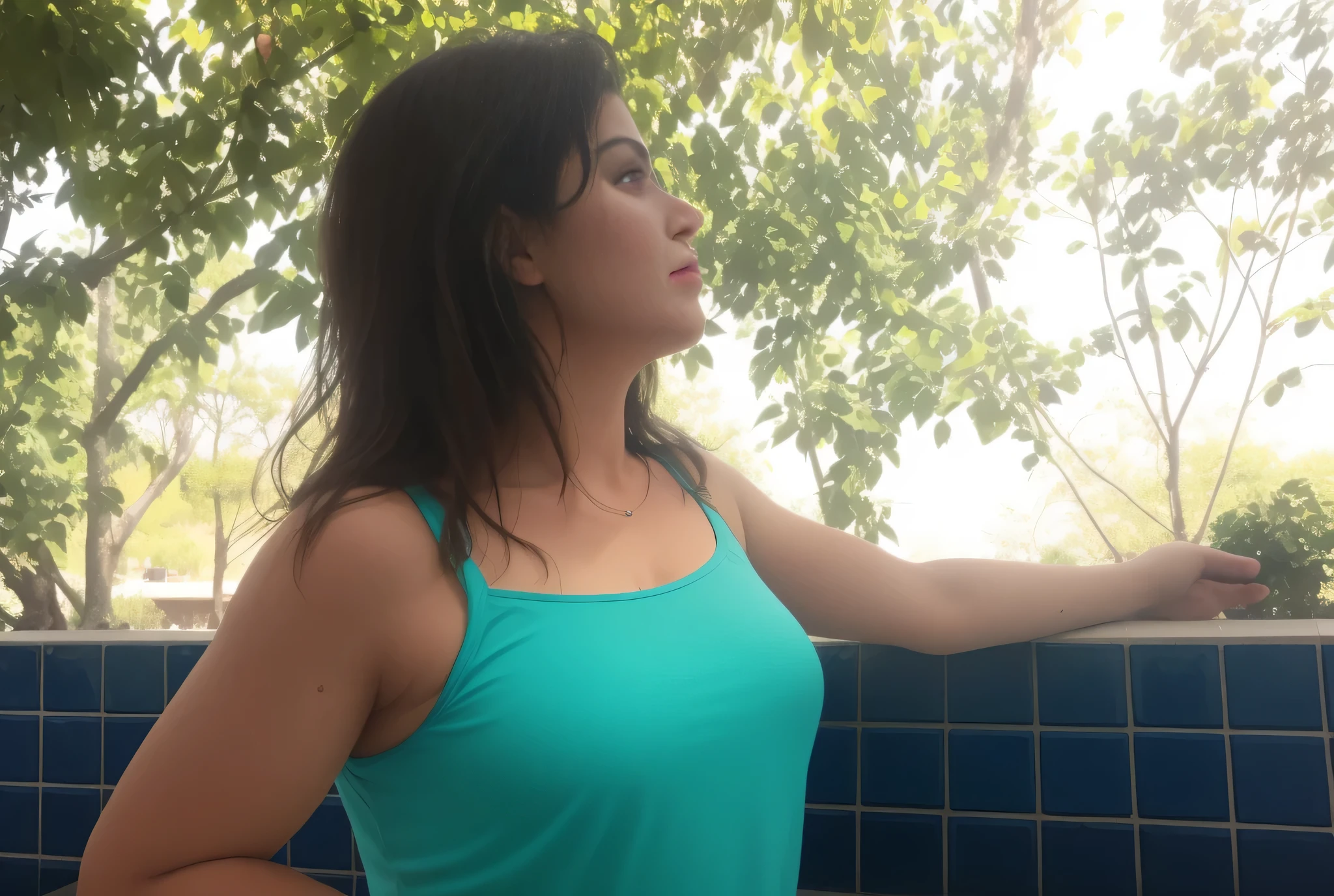 There's a woman in front of a tiled wall, view of the back, photo from behind, olhando de lado, ao lado de uma piscina, usando uma camisola, tiro de lado, olhando para o lado, vista do lado, close up tiro de meio corpo, view of the back, visto de lado, disparo de gigantesca