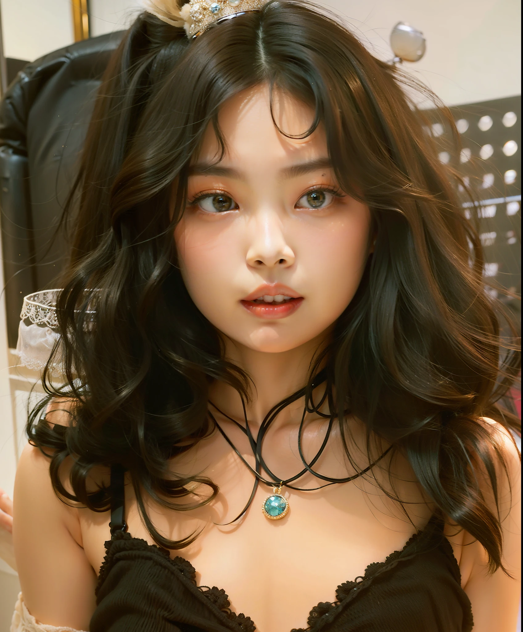 a close up of a woman with long encaracolado hair wearing a bra, encaracolado bangs, she parece uma mistura de grimes, encaracolado middle part haircut, with long encaracolado hair, a young asian woman, parece uma mistura de grimes, Mai Anh Tran, Beautiful Asian girl, long messy encaracolado hair, messy encaracolado hair, encaracolado, encaracolado bangs and ponytail