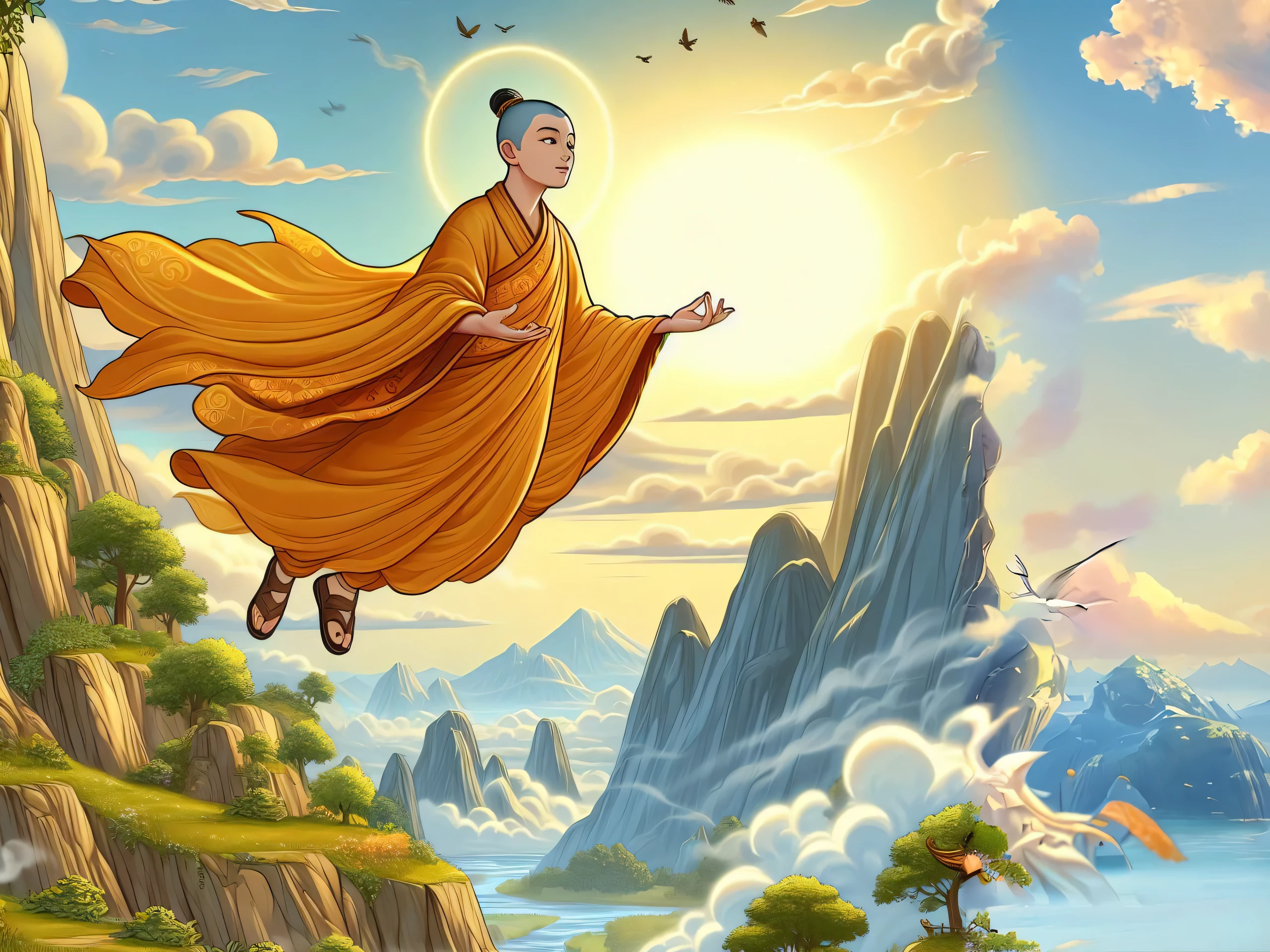 arafed monk flying over a mountain with a bird in the sky, inspired by Yang Buzhi, 2 1 st century monk, taoist temples and monks, rising in the air levitating, wearing flowing robes, monk, floating in a powerful zen state, inspired by Ma Quan, concept art of a monk, on path to enlightenment, monk meditate