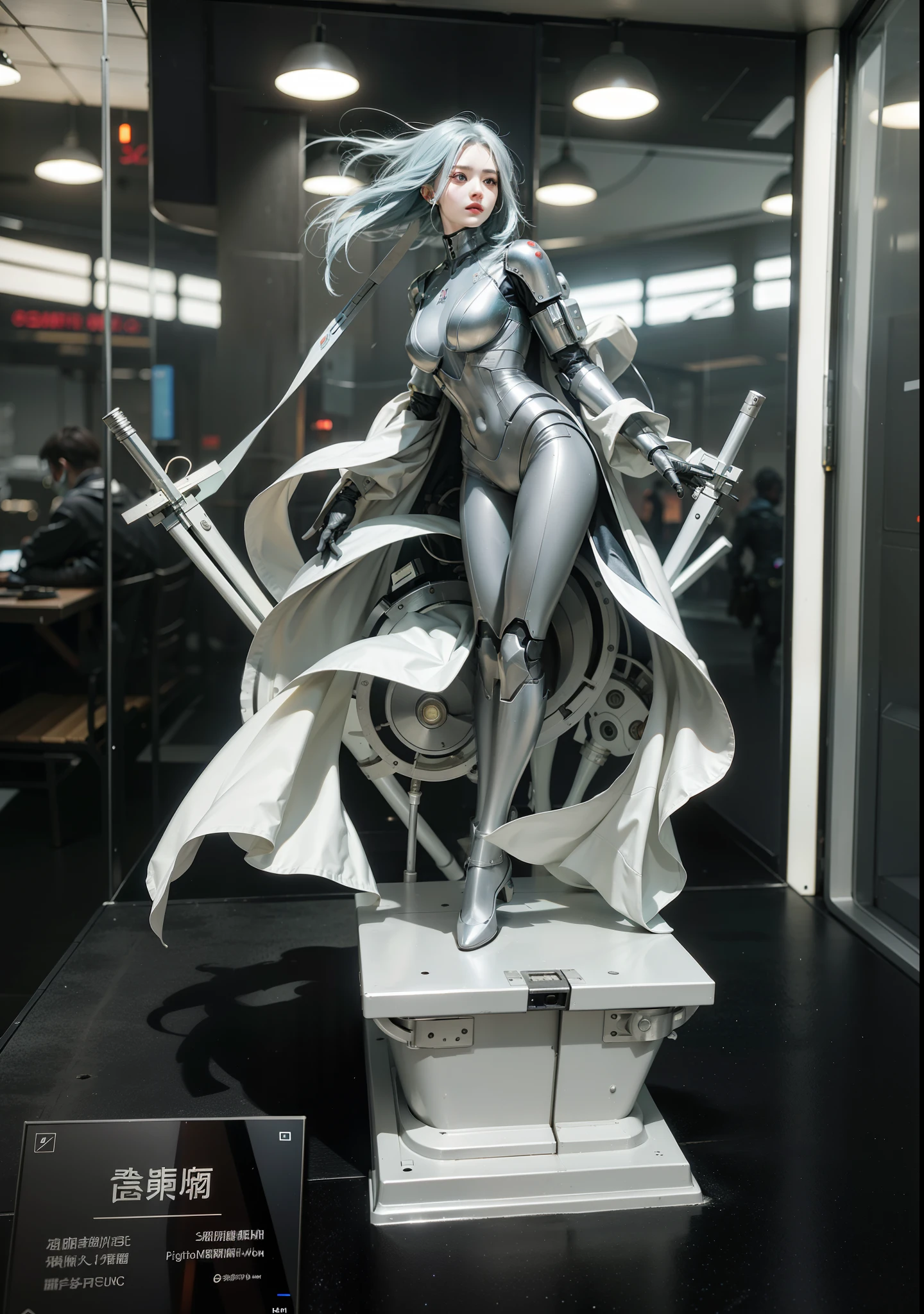 Fantasy cyberpunk world,1 Mechanical Miracle,Robots defend world order;Samurai mechanical armor,Equip transparent weapons,Streamlined black and red design,wearing in black cloak,A big part of a 1-person robot,Art of the highest quality,8K ultra-high resolution,动态照明,cinematic splendor,vibrant with colors,Wearing a high-tech steel suit,Wearing a cyberpunk space helmet,Luminous mechanical protective mask,High-tech tactical clothing of the future,