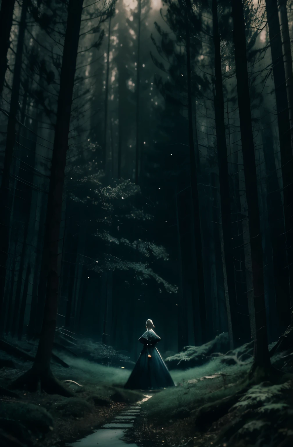 close mid-shot, ultra detailed visually rich 2d cartoon manga concept art illustration of a lady in enchanted forest, luminous and enchanting, dark and eerie, dimly lit dark fantasy realm, (rule of thirds) depth of field intricate details, subtle colors, fantastical realm, extremely detailed, ultra sharp focus, light particles, attention to detail, grandeur and awe, cinematic, stunning visual masterpiece, double exposure, photorealistic, strong outlines, cinematographic scene, retro look, retro style, highest quality, large depth of field, 32k, octane render. Lekrot