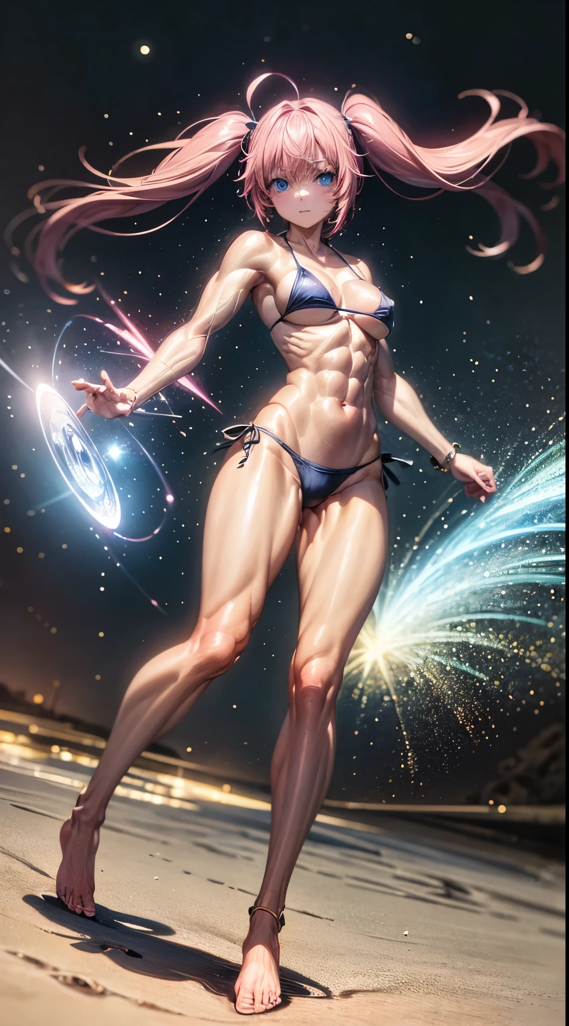 1 girl, (medium breasts))), (((wearing a short bikini))), (long pink hair), (((blue eyes))), thin arms, (on the beach at night with a starry sky and a moon full of blood full), (slim waist), (((muscular legs))), muscular belly, bare feet, (((showing her big ass to me))), (full body photo), (twintails), Long Eyes, eye flare, moodiness, anime, anime style, ray tracing, flare, drop shadow, panorama, Sony FE, 8k, UDisk, master piece, accurate, anatomically correct, Super Detail, best quality, ultra high resolution, Hard Udisk, 16k