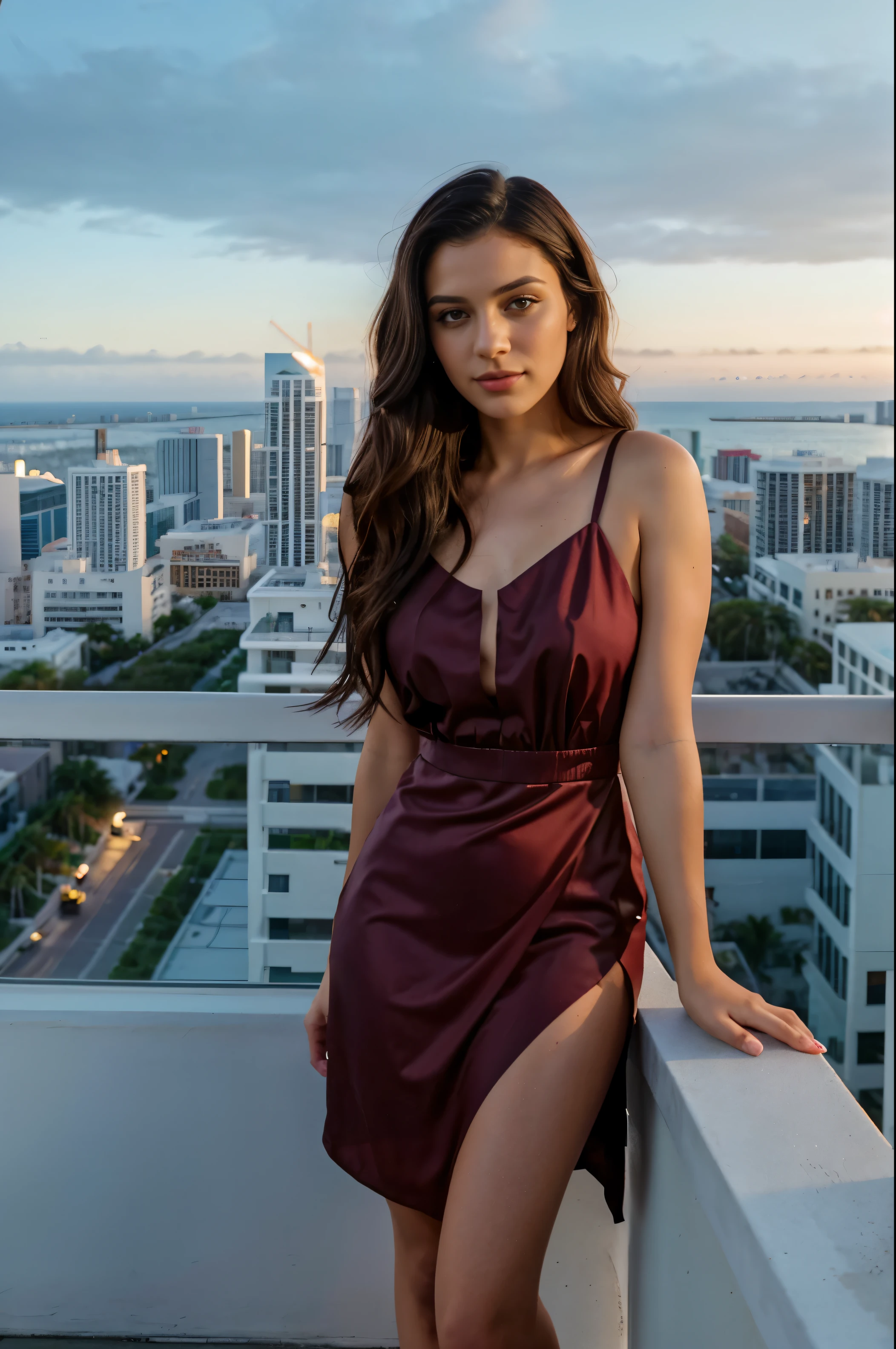 "(8k, RAW photo, highest quality, masterpiece: 1.2), 24 years old with dark hair and dark eyes, ultra-fine depiction, clearly visible, in her stylish penthouse suite in downtown Miami, overlooking the city skyline and the ocean, dressed in beautiful long burgundy color dress. with an energetic and vibrant demeanor, sharing her lively night routine with a touch of Miami flair and femininity. Best Quality, high resolution) girl with dark hair and dark eyes. film Kodak iso 400, hyperrealism, detailed city skyline, detailed skin texture. during the night, night shot. she's looking to the city from her balcony, you can't see her face just her hair.
