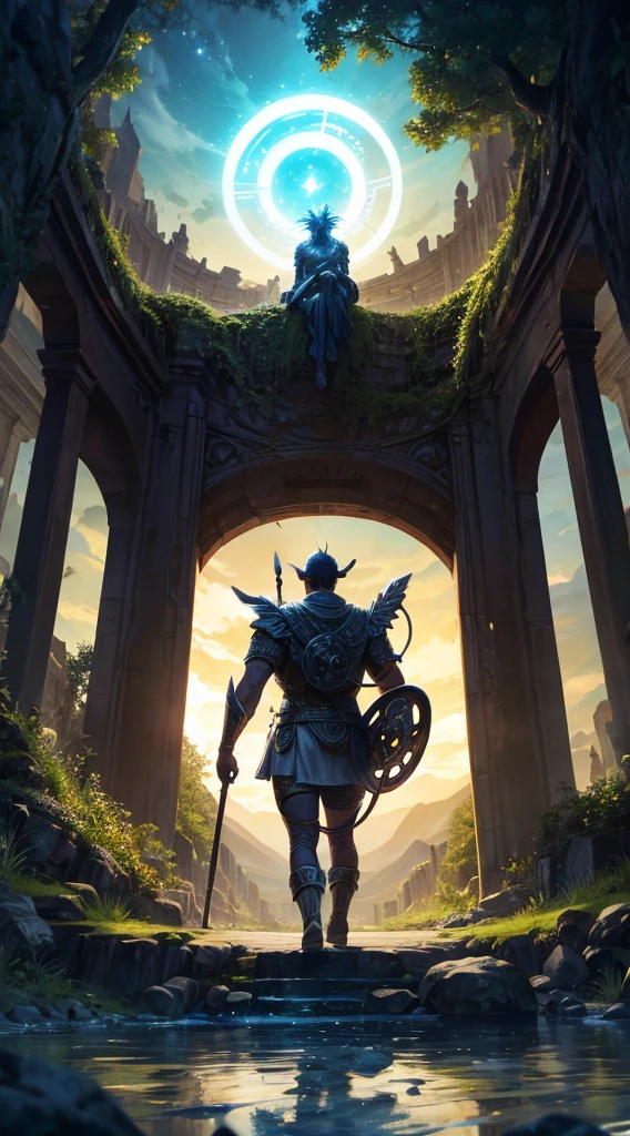 A mythological being guarding a portal to another world in an alien landscape.