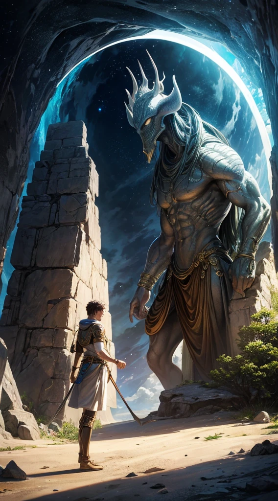 A mythological being guarding a portal to another world in an alien landscape.