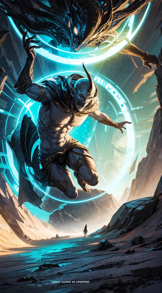 A mythological being guarding a portal to another world in an alien landscape.