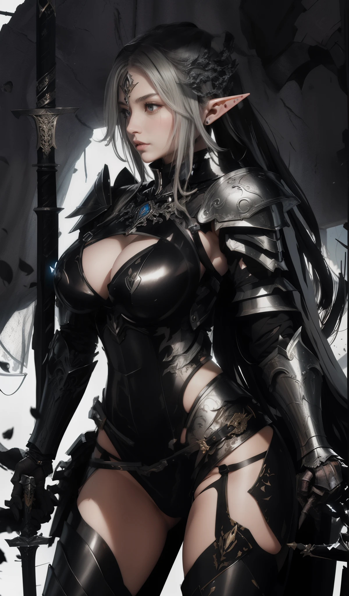 Completely different actions from the original picture，One in armor、Drawing of elf woman holding sword,Black cloth, long elf ears,biomechanical oppai, Thick armor,Half eye patch, ornate bikini armor, wearing shining breastplate, Wearing armor!!, thick black line drawing, a very beautiful violent woman, Covered in scaled armor, Armor Maiden, wearing techwear and armor