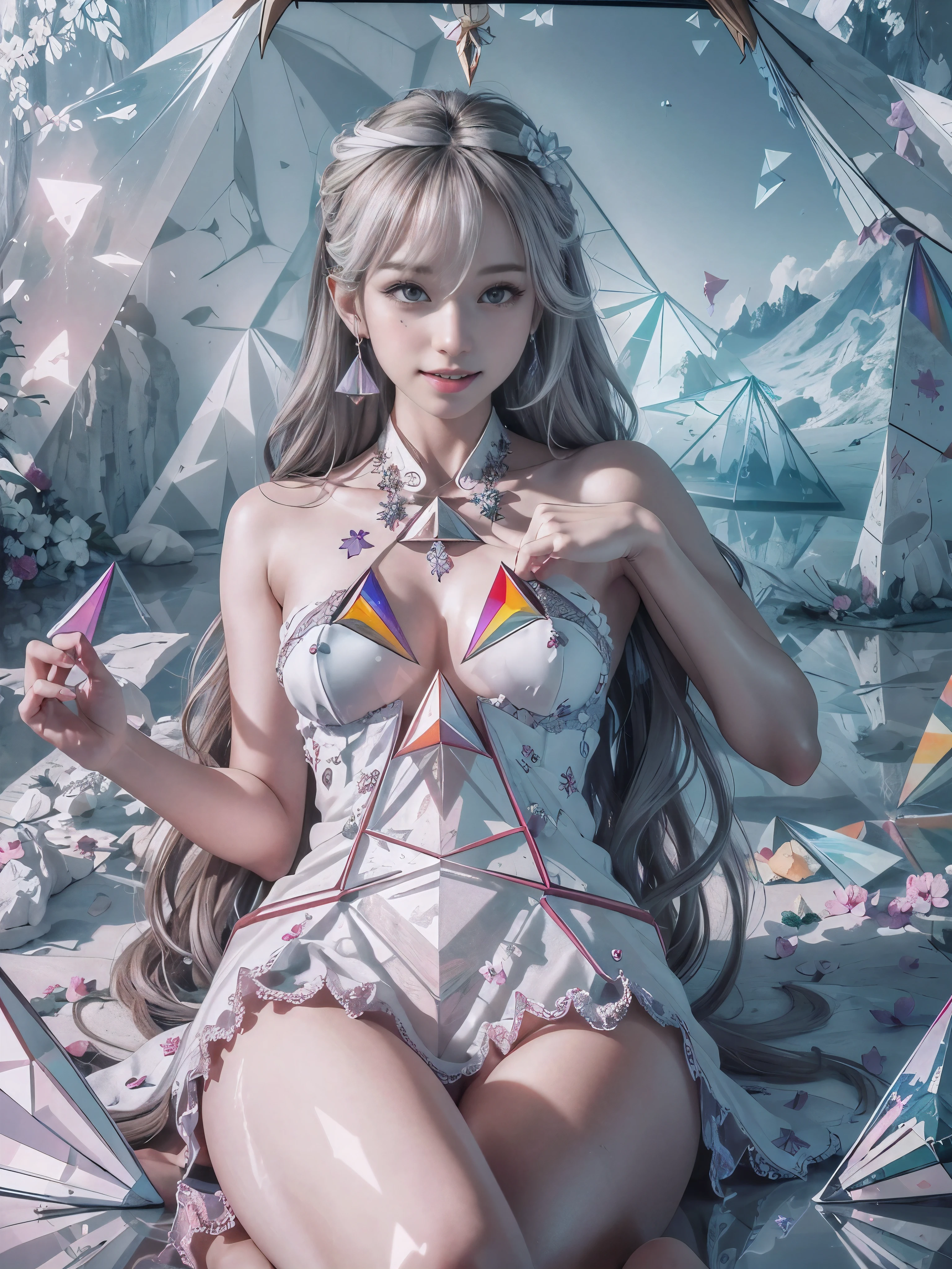 (Digital art, fractal art, official art, beautiful and aesthetic, ultra detailed, beautiful, masterpiece, best quality:1.8), (1girl:1.2), face, Detailed face, Detailed eyes, Detailed hair, Detailed fingers, five fingers,
_ BREAK (kaleidoscope:1.6),
(angular kaleidoscope all pattern White dress:1.6),
(inside white kaleidoscope:1.55),(angular,Prism:2.0),
(strong prism light reflected on kaleidoscope:2.0),
BREAK cute ig model, Japanese cute model, 22 years old, medium large breasts, slender waist, toned arms, toned thighs, medium Buttocks, small head, small face, small mouth, diamond Face, small nose, Sharp Faceline, smile,Teeth, (dropy eyes, Double eyelid, Light color eyes, Moist eyes, Shiny eyes:1.2), Shiny hair, Shiny skin,
_
(smile, Teeth:1.3),(sitting:1.2), from front, lock at viewer,
_