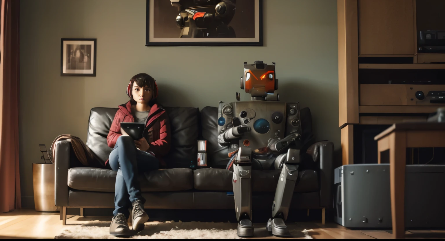 Robot couple watching TV. Sitting in the evening room in front of the TV on a dirty sofa. The shot was taken from the TV. Emotional expressions on the robots&#39; faces. One half lies on the sofa, the second one stood up. dirty room. Portrait of an old robot on the wall.