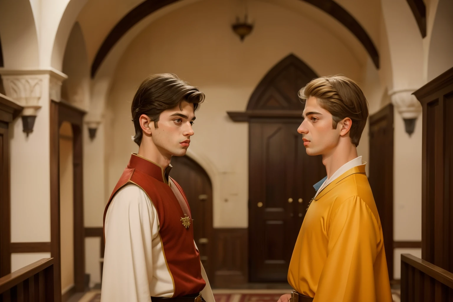 1140, Winchester, England. otherworldly scene in a medieval kings palace, court, ((((17-year-old)) Matthew Daddario)), standing face to face in confrontation with ((((23-year-old)) Hunter Parrish)), knights, ((arguing)), fighting, angry, ((((hate expression)))), ((((tunic from the 12th century)))), ((Hairstyle of the 12th century)), ((Wes Anderson cinematic style)), colorful