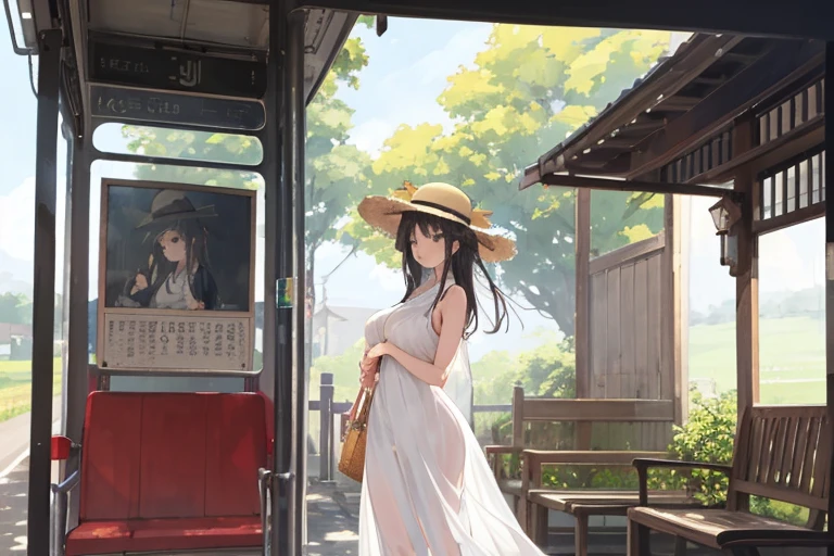 1girl in,Detailed details,huge tit,a straw fedora hat,long head of hair,bus stop,frilld,White long dress,Sheer,countryside、beautful view,sleeveless,A dark-haired,big sister,