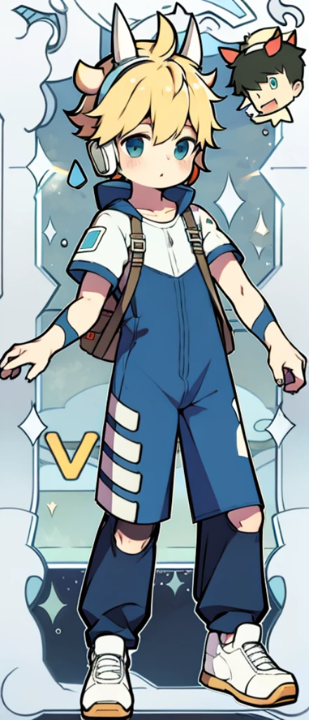 Two-dimensional boy Shota,One-piece hiking suit,Wear the headphones on your head,are standing,protective goggles,cow horn,Cow ears,athletic sneakers,Harnes