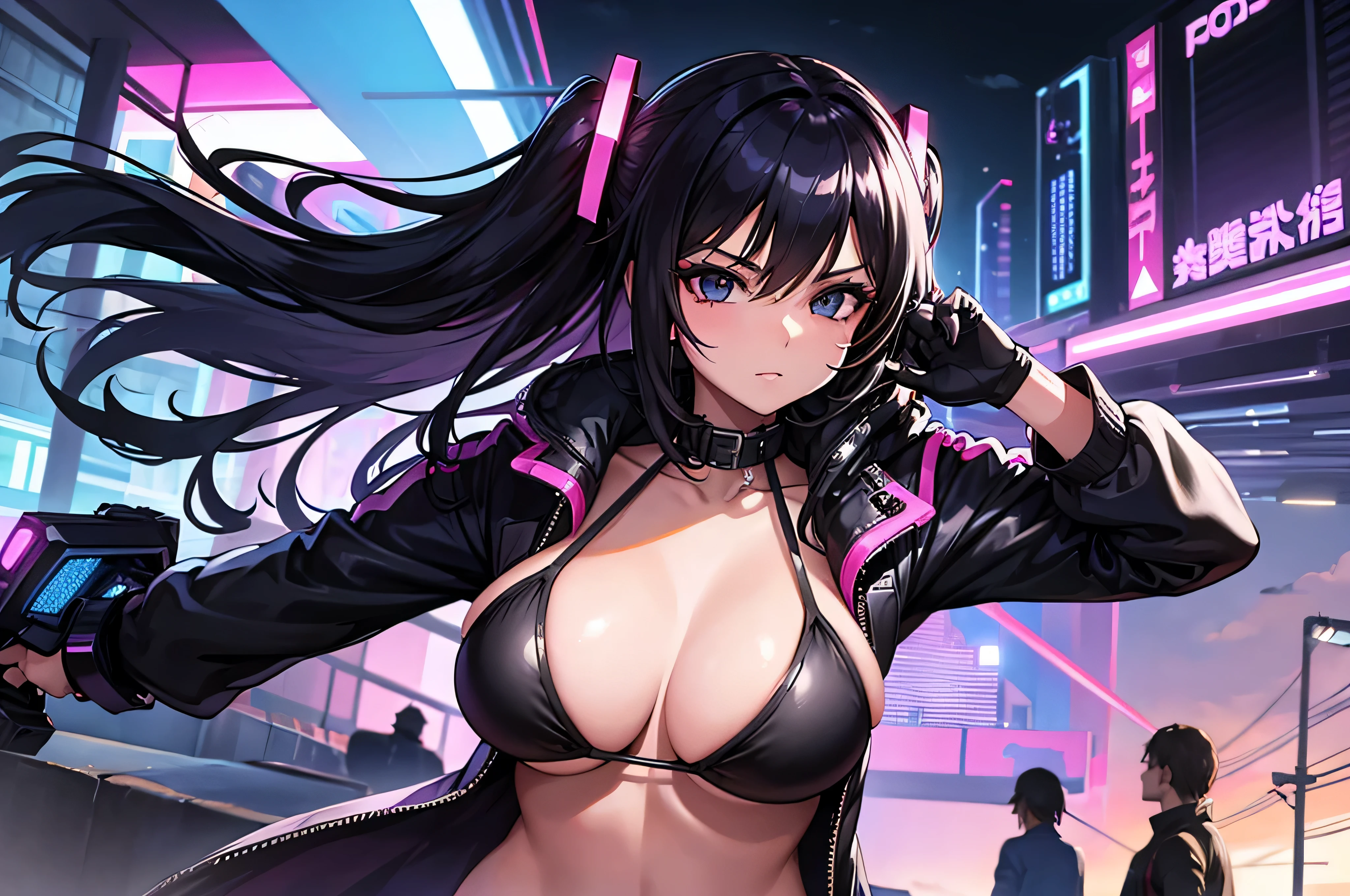 mujer hermosa en bikini , estilo cyber punk en la ciudad