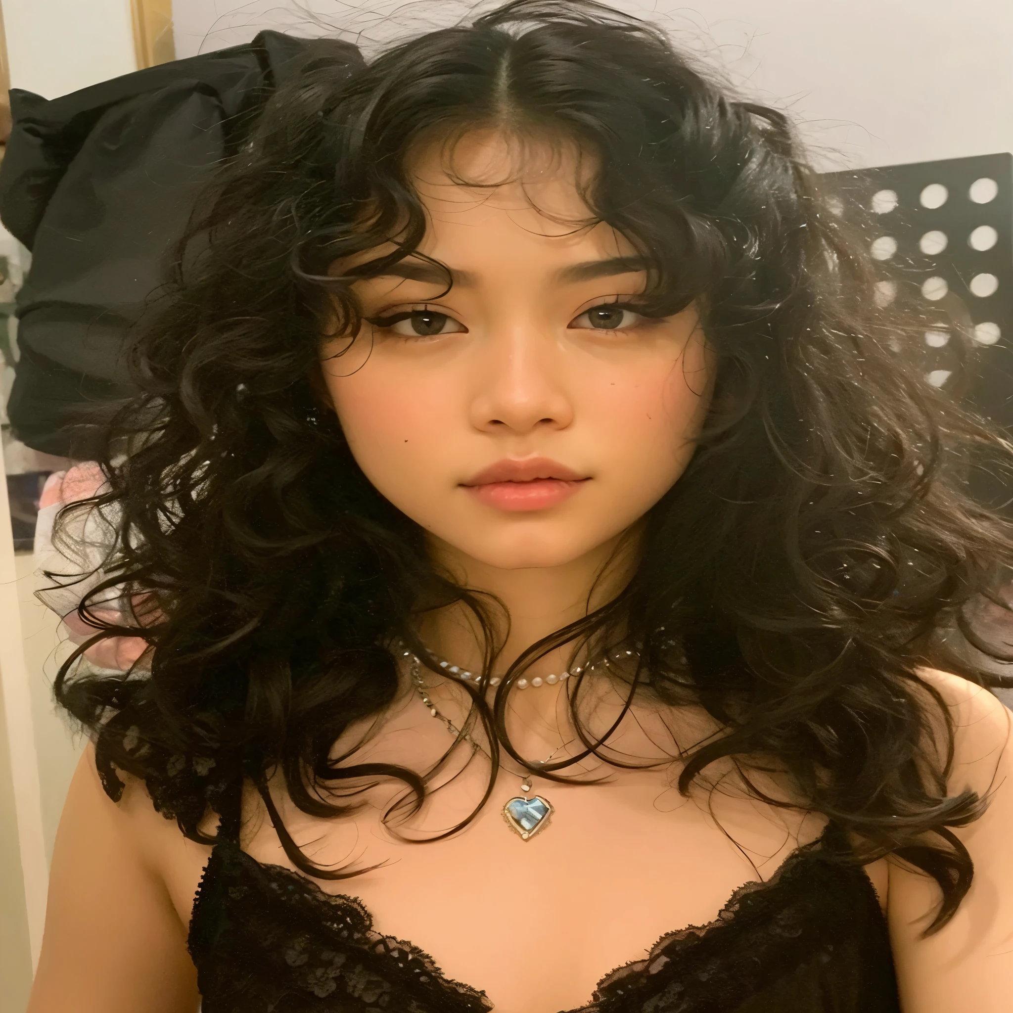 a close up of a woman with long encaracolado hair wearing a bra, encaracolado bangs, she parece uma mistura de grimes, encaracolado middle part haircut, with long encaracolado hair, a young asian woman, parece uma mistura de grimes, Mai Anh Tran, Beautiful Asian girl, long messy encaracolado hair, messy encaracolado hair, encaracolado, encaracolado bangs and ponytail