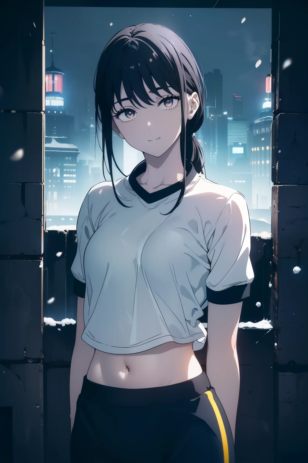 ((Obra maestra, La mejor calidad, ultrahigh resolution)), (((a girl in a gym uniform, blue Japanese ladies gym shortlack hair, dark black hair))), long hair cut, pale skin, ((brown eyes)), glowing_eyes, neon eyes, (ultra detailed eyes:0.7, beautiful and detailed face, detailed eyes:0.9), ((centered)), ((cute smile, pretty)), facing viewer, eye level, ((vibrant background, snowy landscape, cityscape, snowing)), flat chested, looking at viewer, ((half closed eyes)), ((perfect hands)), (((head:1, arms, hips, elbows, in view))), ((hands behind back)), empty eyes, beautiful lighting, outside, outdoors, background, defined subject, 18 years old, (head tilt), sexy pose