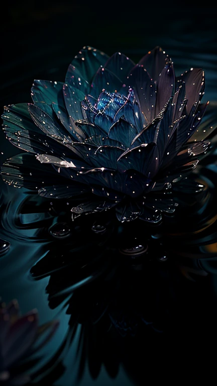 8k resolution, Gothic deviation art, complementary colors, soft cinematic light, soft light shining on flowers, HDR, flower panorama, flowers + leaves + peduncles, presenting ultra-detailed complex flowers and water drop theme art drawings with full sense of detail. Flower petals and water droplets glow to reveal a dreamy intricate style.