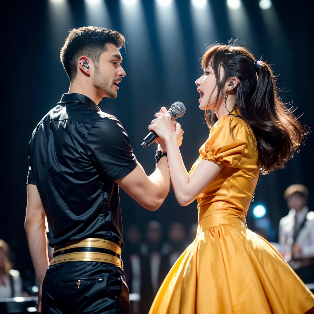 (young man:1.8) ((in detailed business clothes)) and woman (((in detailed dress for waltz))) ((loud singing:1.7) each other) a love song while (looking into each other's eyes:1.9), (Chinese pop idol:1.4), on stage, ((romantic effect)), (more detail), detailed microphones, (perfect hand:1.9), (perfect hands:1.9), (photorealistic:1.9)