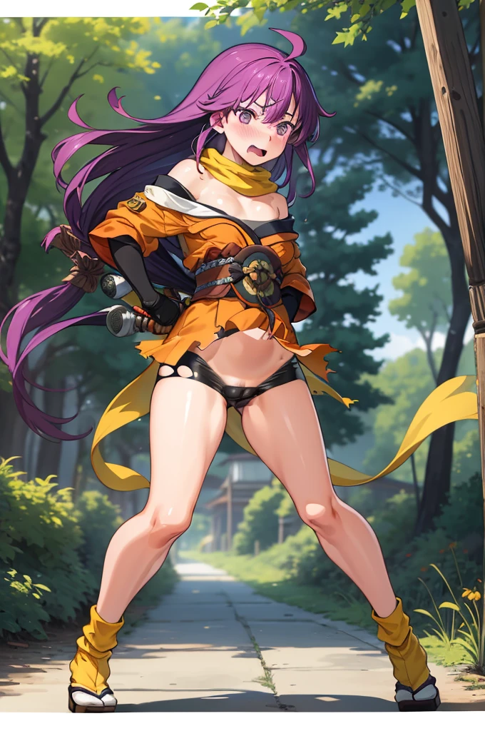 looking at viewer, 1girl, masterpiece, best quality, highly detailed, illustration, kentou kanami, outdoors, forest, fighting stance, japanese clothes, perfect body, yellow scarf, bike shorts, low-tied long hair, annoyed, embarrassed, topless, bottomless, ((torn clothes)), off-shoulder brest, off-shoulder pussy/vagina, sweet, little curvy