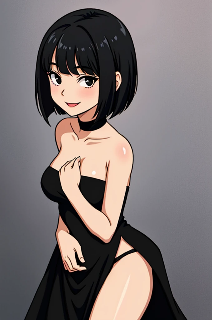 1 girl, solo, age, black hair, short black hair, bob hair, black eyes, little black dress, strapless black dress, skin-tight dress, smile, medium breast, black choker, fancy hotel, sexy, masterpiece, high quality, Standing