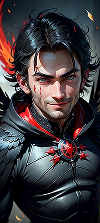 Daemon, raven, red-eyes, hood, Gloating Smile, Feathers on the shoulders, Flying Raven, Bloody Backstory, Wings of Crows