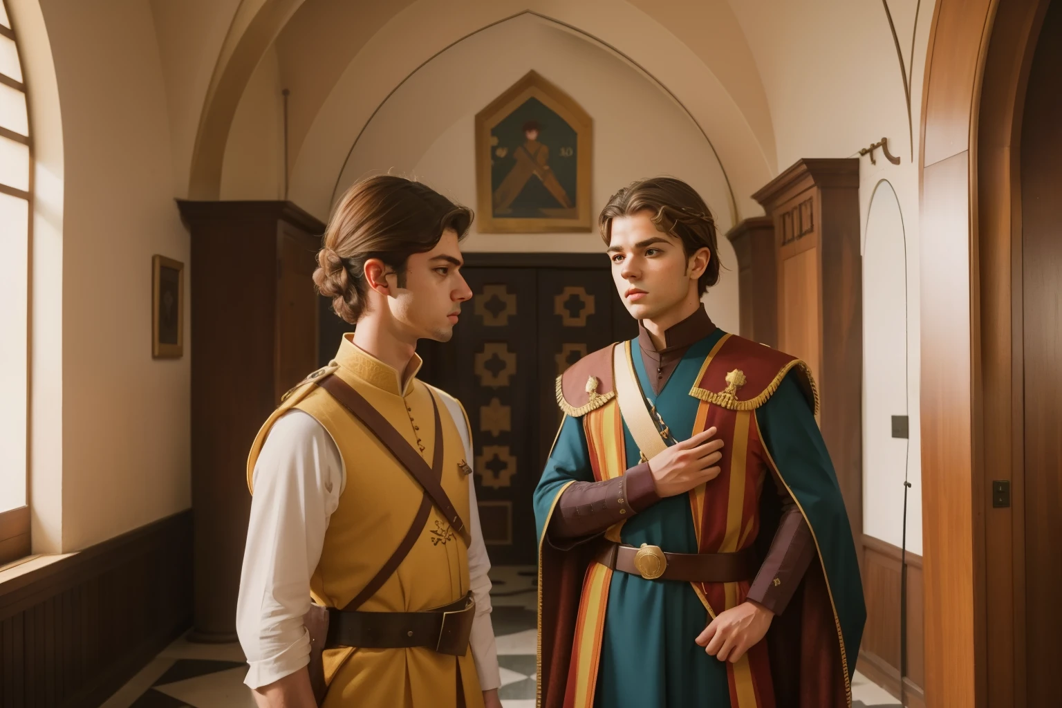 1140, Winchester, England. otherworldly scene in a medieval palace, standing in the king audience room, ((((-yeld)) thew Daddario)), face to face in confrontation with ((((23-year-old)) Hunter Parrish)), knights, ((arguing)), fighting, angry, ((((hate expression)))), ((((tunic from the 12th century)))), ((Hairstyle of the 12th century)), ((Wes Anderson cinematic style)), colorful